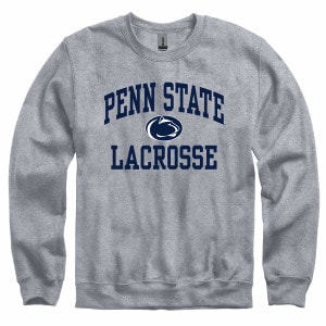 heather gray crew neck sweatshirt with Penn State Lacrosse